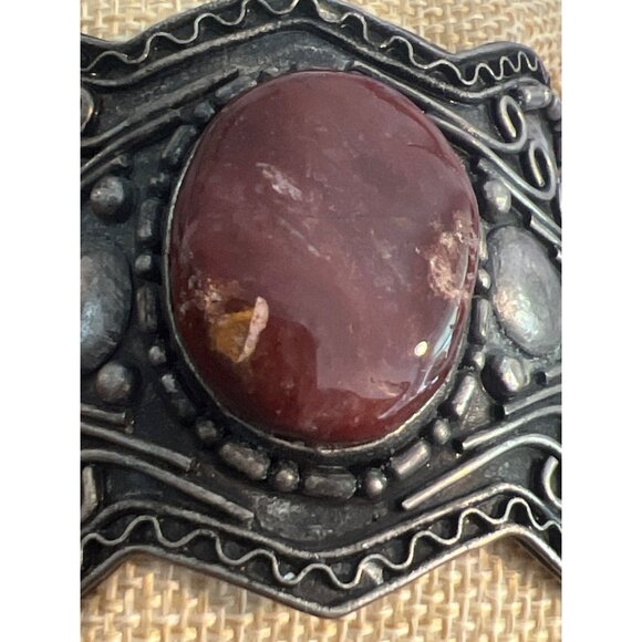 Vintage Silver Tone Red Jasper Cuff Bracelet Scrollwork Tribal Steampunk Estate - Picture 2 of 5